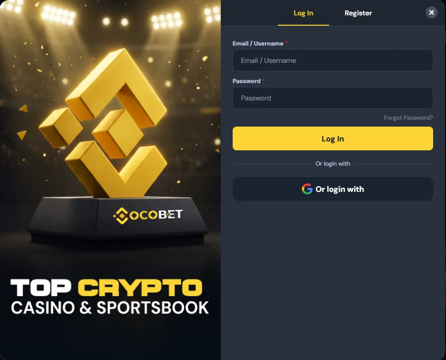 Cocobet login screen with email, password and Google login