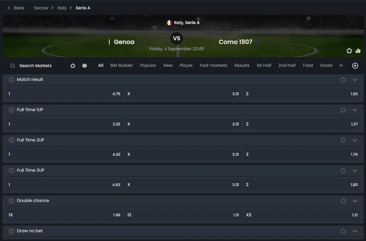 Serie A betting markets at Cocobet
