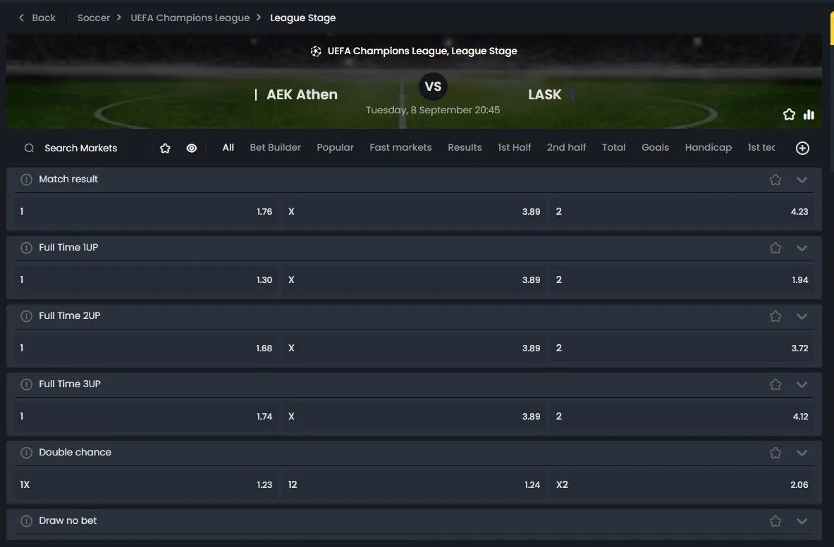 UEFA Champions League betting markets at Cocobet