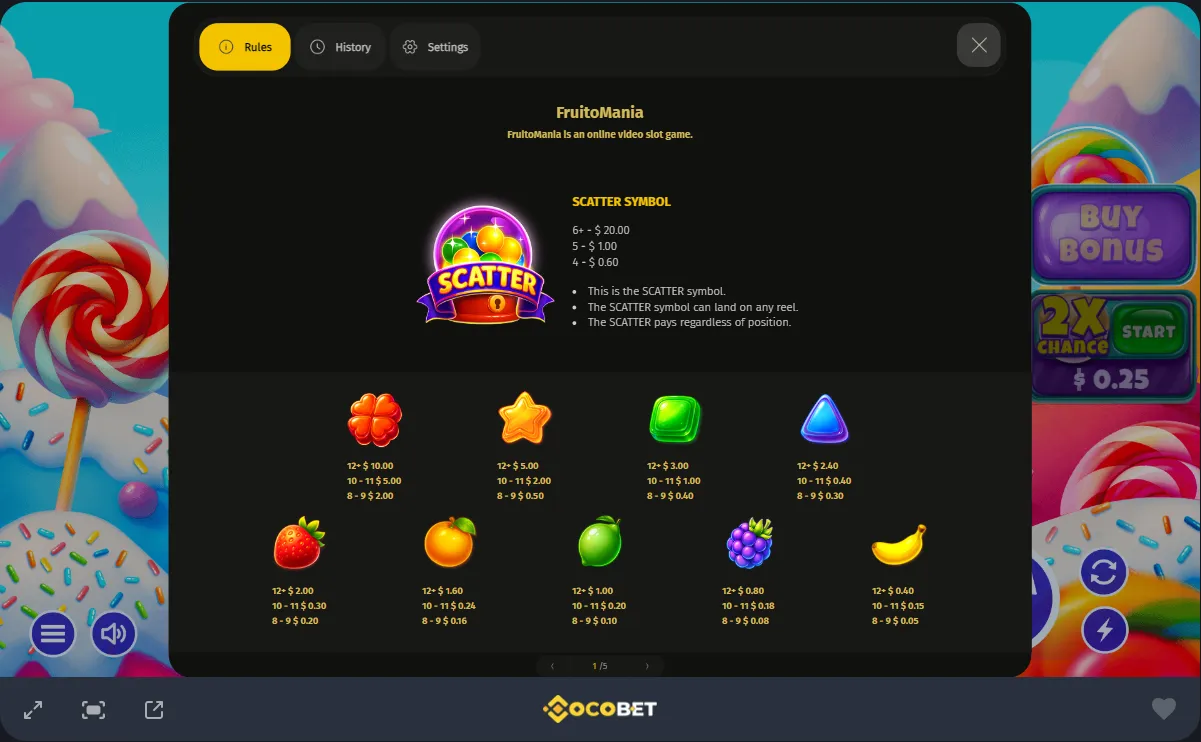Sweet Bananas rules and paytable screen at Cocobet