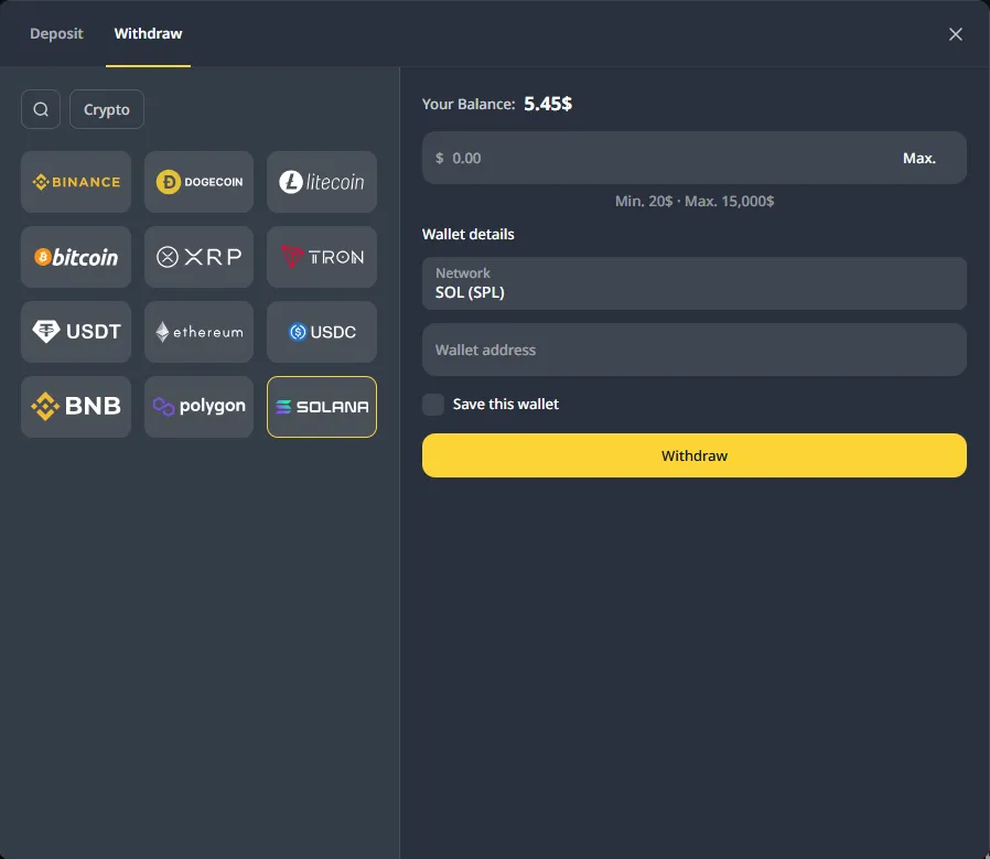 Cocobet cashier withdrawal screen with crypto options