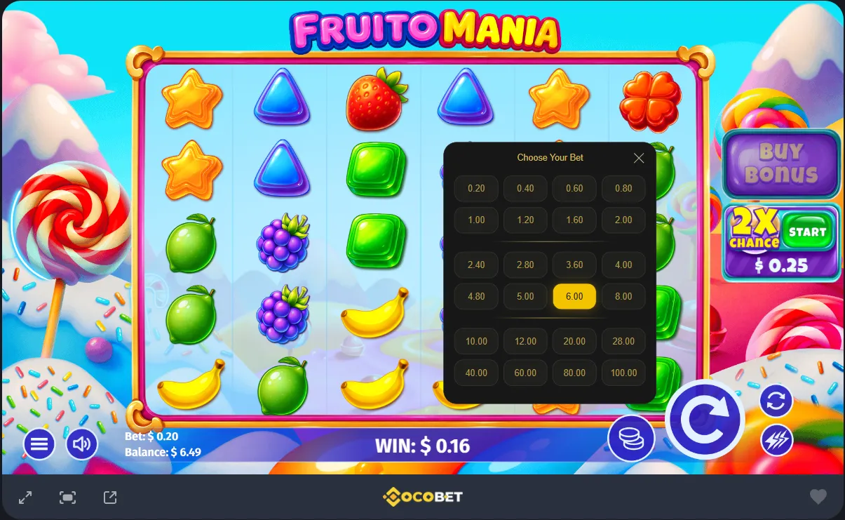 Sweet Bananas with a custom bet size selected at Cocobet